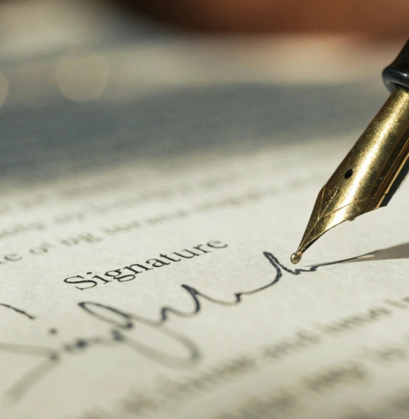A gold fountain pen nib signing a document beside the printed word Signature